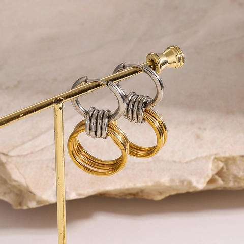 Boucles d'oreilles Créoles en Acier Inoxydable pour Femmes Bicolores Or et Argent Plaquées Multicouches Bijoux de Mode