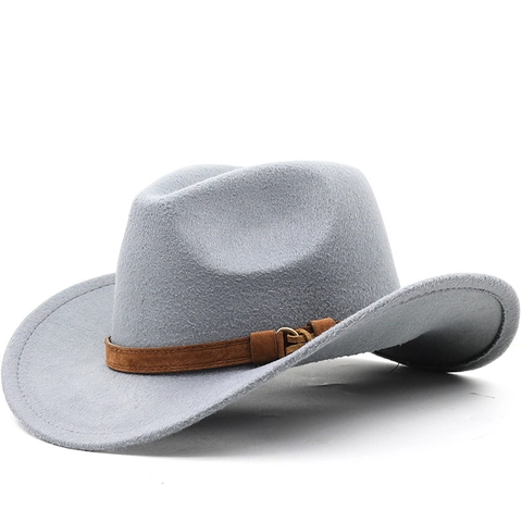 Western Cowboy Fedora Hat Wide Brim Polyester Felt With Leather Belt Buckle Decor Classic Jazz Style For Men Women