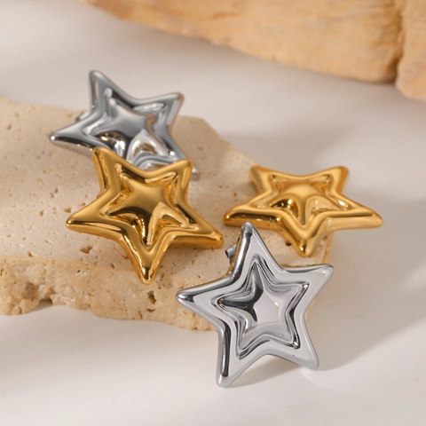 Pentagramm Ohrstecker Edelstahl 3D Doppelschicht Puffy Stern Poliert Nischen Design Minimalistischer Eleganter Schmuck Damen