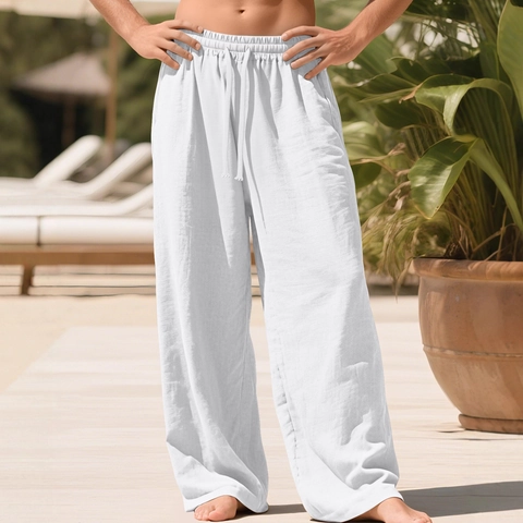 Men Casual Linen Trousers Breathable Loose Fit Straight Leg Pants With Elastic Drawstring Waist For Summer Beach Vacation