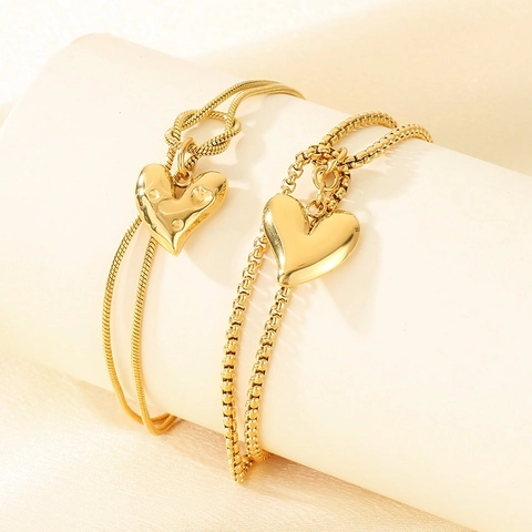 Layered Heart Pendant Bracelet Stainless Steel Snake Bone Box Chain Jewelry Fashion Elegant For Women