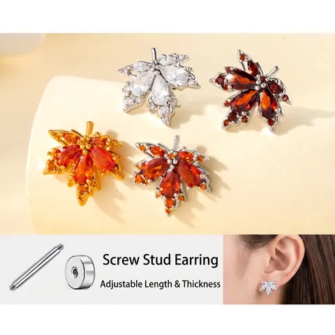 Maple Leaf Stud Earrings Zircon Inlaid Copper With Titanium Steel Earring Post Screw Back Vintage Helix Jewelry