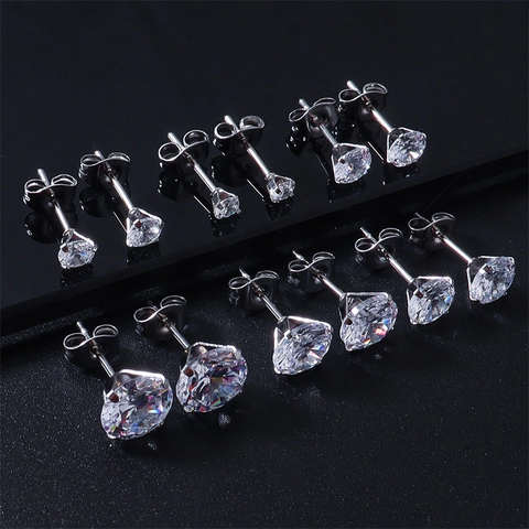 Classic Round Cubic Zirconia Stud Earrings 316 Stainless Steel Four Prong Setting Butterfly Back Jewelry For Women Men