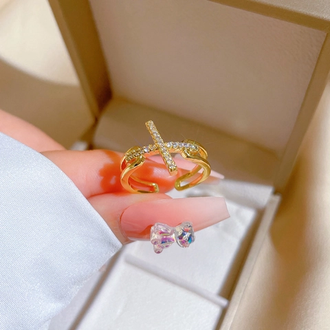 Cross Ring Gold Plated Brass Cubic Zirconia Adjustable Open Finger Jewelry For Women Elegant Light Luxury Style