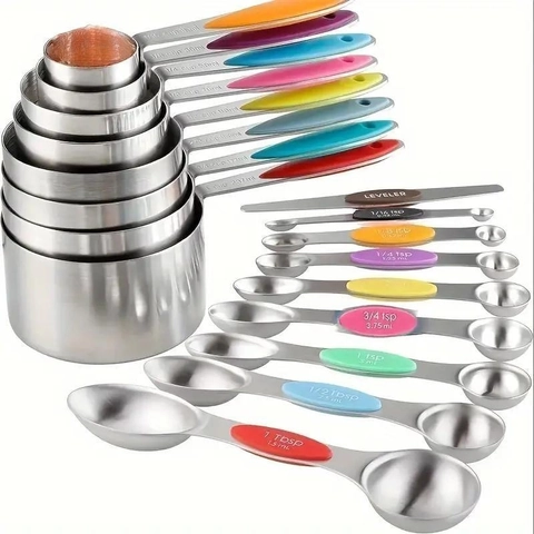 Stainless Steel Measuring Cups And Spoons Set With Engraved Scale Silicone Handle Magnetic Dual Sided Baking Tools For Coffee Kitchen Measuring