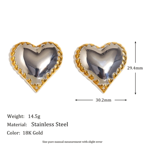 Orecchini A Lobo A Cuore In Acciaio Inossidabile Placcato Oro 18K Bicolore Bordo Strutturato Gioielli Di Moda Per Donne