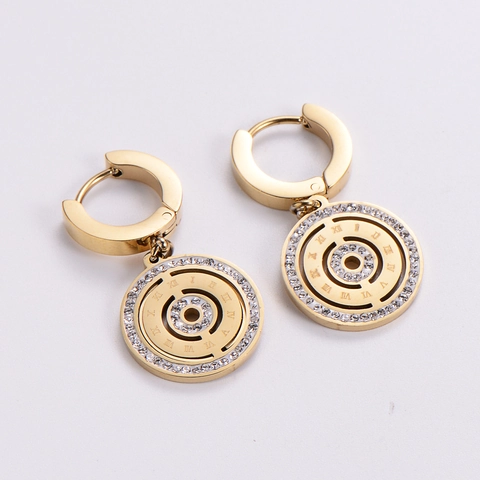 Edelstahl Leverback Ohrringe 18K Vergoldet Rund Hohl Römische Ziffern Zirkonia Mode Schmuck Damen