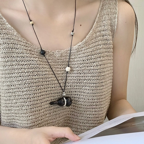 Collar Con Colgante De Calabaza Vintage Madera Perla Artificial De Imitación Cuentas Cadena Larga Para Suéter Hecho A Mano Estilo Étnico Para Mujeres