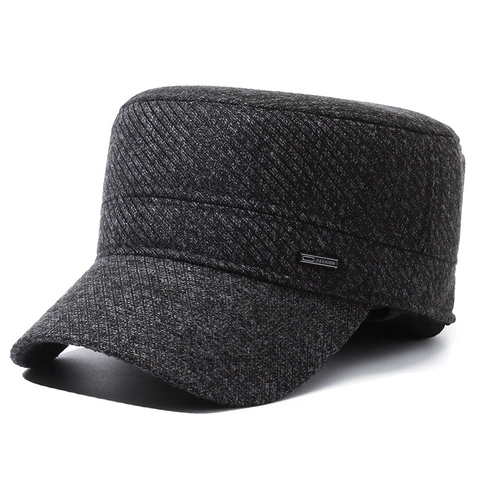 Men Winter Warm Flat Top Cadet Cap Thickened Woolen Tweed Military Hat With Ear Flaps Vintage Plaid Metal Decor