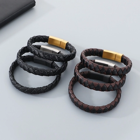 Bracciale Da Uomo In Pelle Microfibra Intrecciata Con Chiusura Magnetica In Acciaio Inossidabile Gioiello Classico Casual