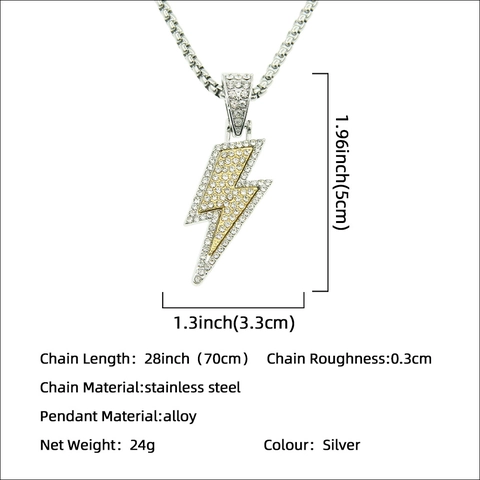 Hip Hop Men Iced Out Lightning Bolt Pendant Necklace Alloy Stainless Steel Box Chain Double Color Rhinestone Fashion Jewelry