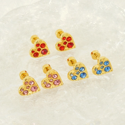 Heart Stud Earrings 18K Gold Plated Stainless Steel Rhinestone Screw Back Minimalist Jewelry For Women