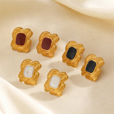 French Vintage Geometric Rectangular Stud Earrings 18K Gold Plated Stainless Steel Enamel Texture Jewelry For Women