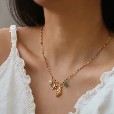 Roestvrijstalen Oceaan Zeester Schelp Hanger Ketting Voor Dames Met Kunstparel En Groene Edelsteen Verguld Boho Sieraden