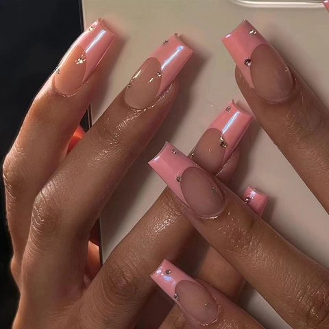 Unghie Finte Press On Coffin Lunghe Rosa French Aurora Perla Artificialceo Con Strass Manicure Artificiale Stile Elegante