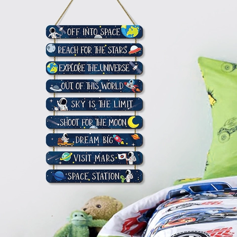 Wooden Space Theme Wall Hanging Decor Astronaut Rocket Planet Inspirational Quotes For Kids Room Nursery Nursery Art Sign