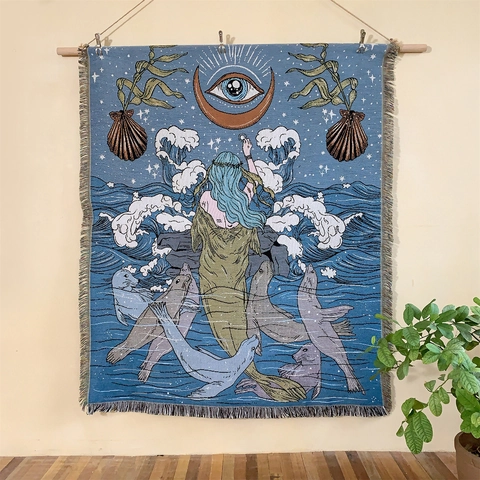 Bohemian Woven Blanket Polyester Cotton Artistic Mythological Ocean Theme Throw With Tassels For Sofa Outdoor Camping