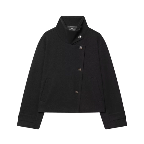 Women Short Woolen Jacket Stand Collar Asymmetric Button Solid Color Long Sleeve Casual Autumn Winter Coat