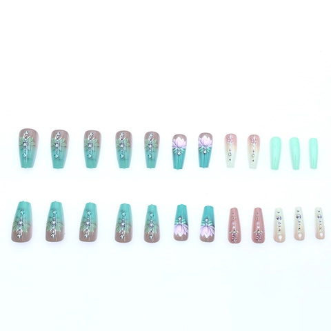 Uñas Postizas Largas Coffin Degradado Verde Menta Flor De Loto En Relieve Decoración De Strass Estilo Hada Elegante Uñas