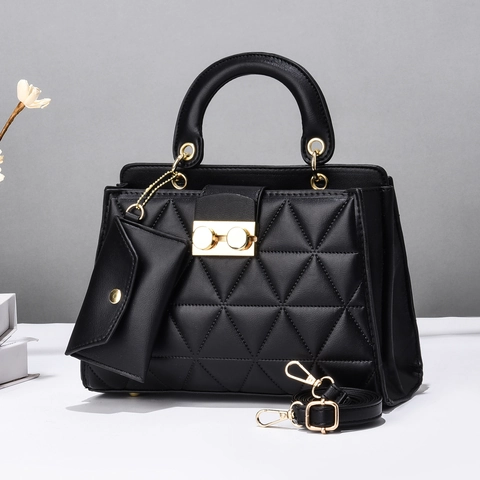 Elegant PU Leather Handbag And Small Coin Purse Quilted Rhombus Pattern Golden Metal Lock Adjustable Shoulder Strap Women
