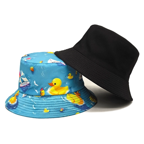 Little Yellow Duck Cartoon Print Dubbelzijdige Draagbare Vissershoed Polyester Zonbescherming Zomer Outdoor Dames Schattig Hoed