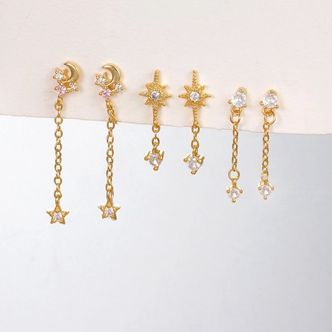 Fashion Star Moon Copper Earrings For Women Gold Plated Zirconia Eight Pointed Star Chain Tassel Drop Studs Jewelry