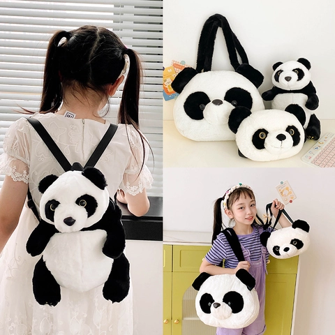 Cute Panda Shaped Plush Bag Soft Cartoon Animal Shoulder Bag Handbag Backpack For Girls Students Kids Casual Daily