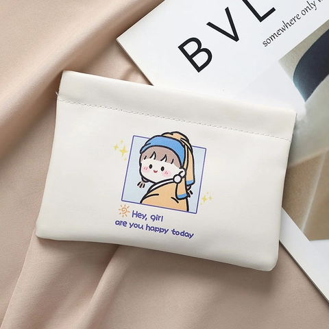 Squeeze Makeup Bag PU Leather Portable Lipstick Pouch Automatic Closure Mini Storage Bag Travel Floral Print Cute