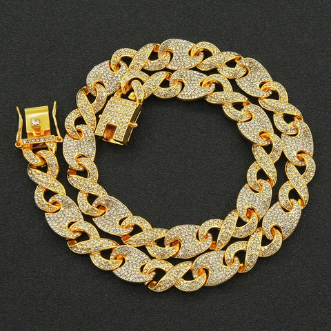 Hip Hop Uomo Iced Out Collana a Maglia Cubana con Figura a 8 in Lega con Strass Bling Gioielli per Discoteca Regalo Oro Argento