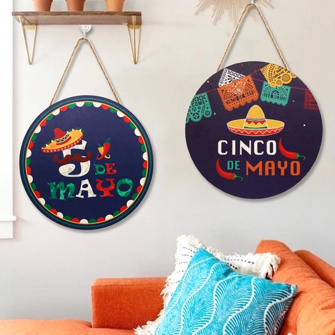 Décorations de Fête Mexicaine Fiesta Cinco De Mayo Plaque à Suspendre en Bois Ronde Porte Murale Sombrero Chili Carnaval Maison