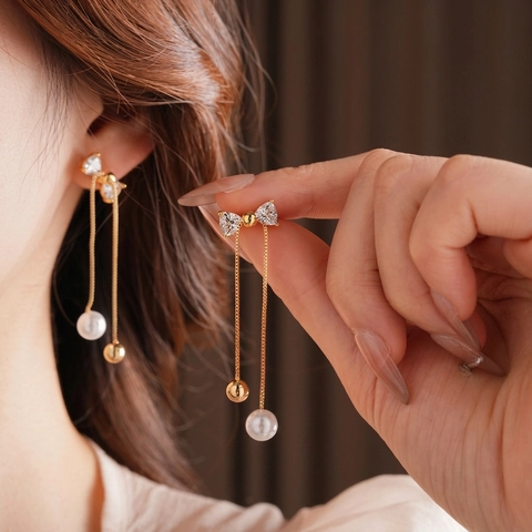 Pendientes Largos Con Lazo Y Borlas Bañados En Oro Circón Imitación Perla Artificial Con Poste De Plata Estilo Vintage Francés Elegante