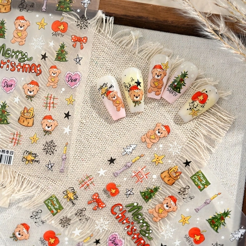 Autocollants Art Des Ongles Noël Ours Dessin Animé Mignon Sapin Noël Flocons Neige Auto Adhésif Décoration Manucure