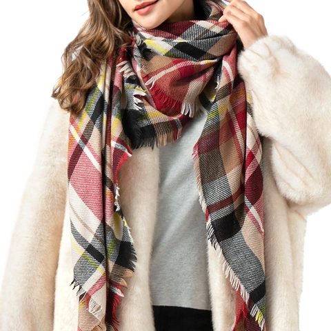 Winter Plaid Scarf Soft Warm Acrylic Tassel Large Square Shawl Wrap For Women Elegant Casual Cold Weather Neck Accessory