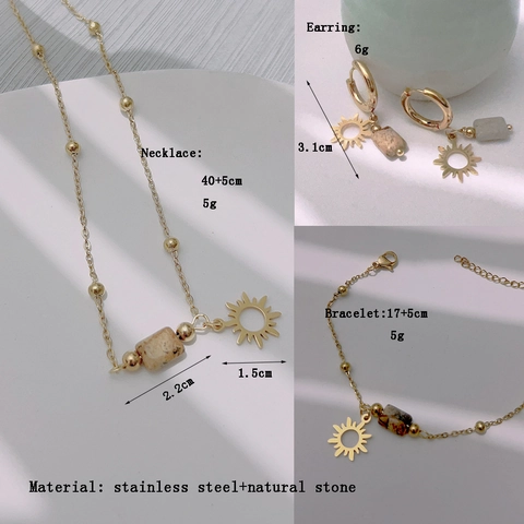 Sonnenanhänger Halskette Armband Ohrringe 18K Vergoldeter Edelstahl Naturstein Bilderschmuck Für Damen