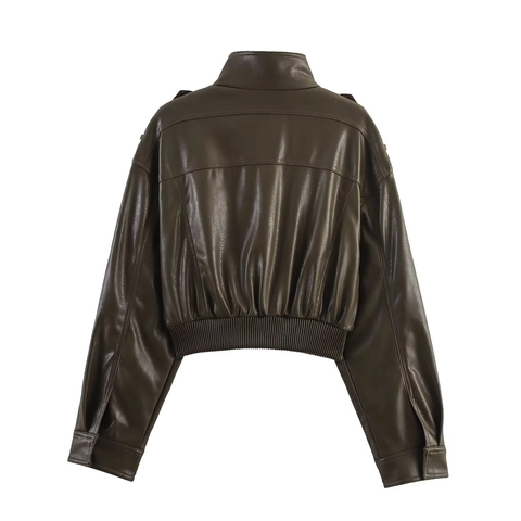 Giacca Corta in Pelle PU da Donna Chic Collo Alto Tinta Unita Maniche Lunghe Stile Moto Cappotto Moda Autunnale
