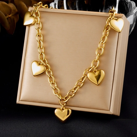 Herz Anhänger Halskette Edelstahl Vergoldet Gliederkette Mehrere Herzanhänger Modeschmuck Für Damen