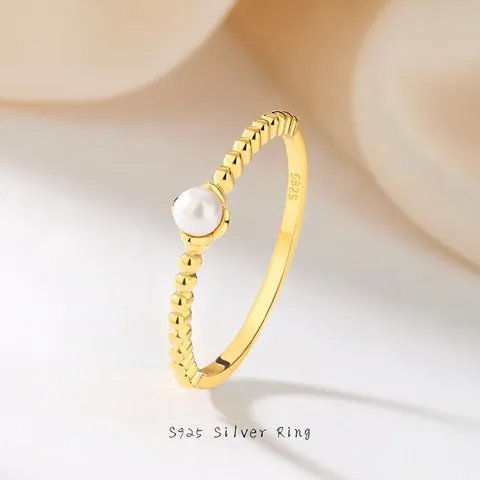 Anillo Minimalista de Plata de Ley 925 Para Mujer Moda Chapado en Oro Perla Artificial Anello de Apilamiento Anillo de Dedo Geométrico Joyería