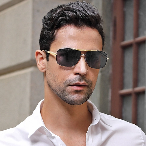 Men Sunglasses Retro Metal Square Aviator Double Bridge Elastic Temples UV400 Fashion Gradient Lens Eyewear
