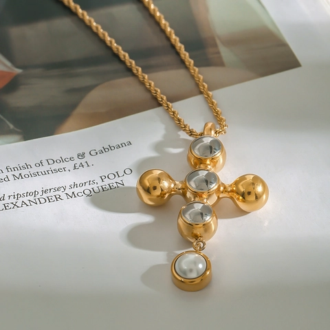 Collana Con Ciondolo A Croce In Acciaio Inossidabile Placcato Oro 18K Bicolore Perla Artificial Di Vetro Catena A Corda Gioielli