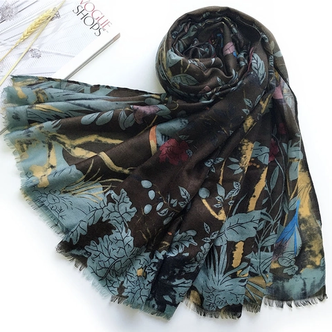 Bufanda Chal Para Mujer Fibra De Viscosa Estampado Floral Pájaros Satén Estilo Vintage Ligera Protección Solar Flecos