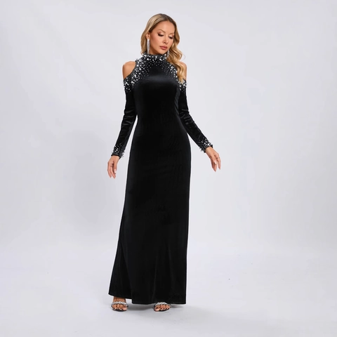 Elegante Abito Da Sera In Velluto Nero Spalle Scoperte Decorato Con Künstliche Perle E Strass Manica Lunga Abito A Sirena Donna
