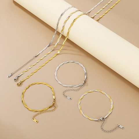 Edelstahl Halskette Und Armband Schmuckset Gewebte Flache Schlangenkette Minimalistisch Verstellbar Unisex Trendig
