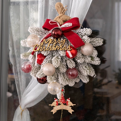 Corona Navidad Pared Agujas Pino Plástico PE Luz LED Madera Letrero Merry Christmas Welcome Adornos Para La Puerta