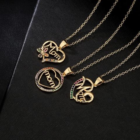 Mom Anhänger Halskette Kupfer 18K Vergoldet Herz Rund Bunter Zirkon Inlay Frauen Muttertag Geschenk Eleganter Schmuck