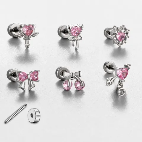 Pink Zirconia Heart Bow Cherry Stainless Steel Stud Earrings For Women With Screw Back Cartilage Piercing