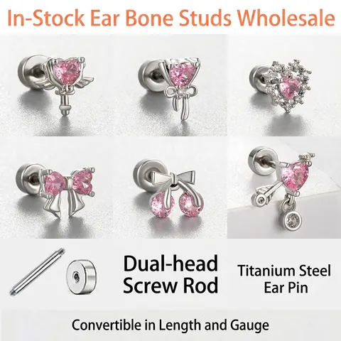 Pink Zirconia Heart Bow Cherry Stainless Steel Stud Earrings For Women With Screw Back Cartilage Piercing