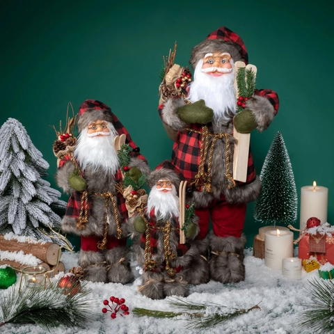 Statuetta Babbo Natale In Piedi Quadri Rossi Tessuto Pelliccia Sintetica Sci In Legno Sacco Di Iuta Decorazione Natalizia Ornamento Festivo