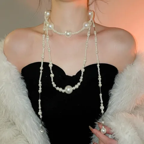 Multi Layer Artificial Pearl Necklace Elegant French Vintage Glass Artificial Pearl ABS Copper Palace Style Sweater Chain For Women