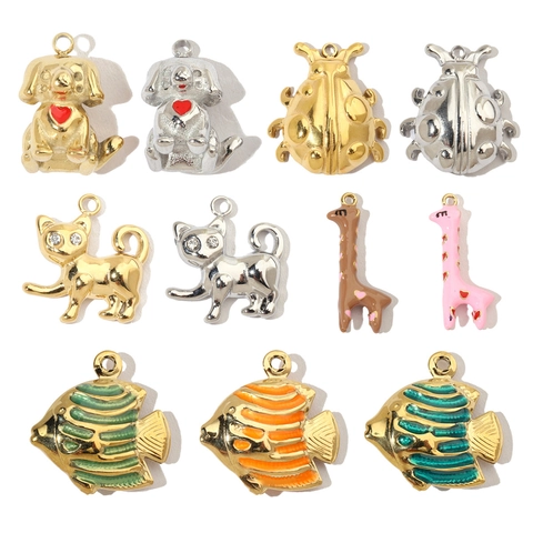 Dieren Charms Hangers Roestvrij Staal Emaille Strass Hond Kat Giraf Vis Voor DIY Sieraden Maken