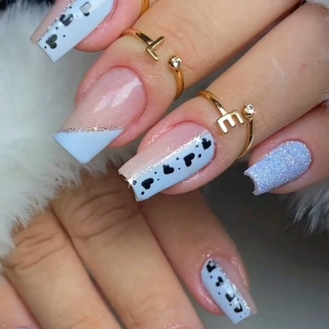 French Heart Pattern Press On Nails Medium Long Plastic Blue Pink Glitter Sparkling Fashion False Nails For Women